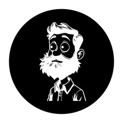Cartoon character illustration featuring a man with a beard in a black and white design against a circular background
