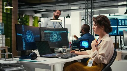 Woman analyst uses AI neural networks for data mining and optimization, working in a multinational company with automation tools. Artificial intelligence digital tools for success. Camera A.