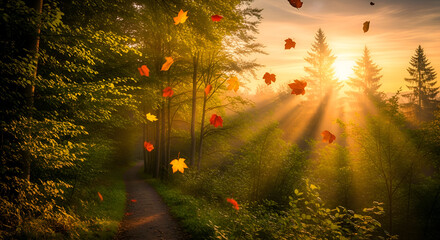 Autumnal forest path bathed in golden sunlight, with falling leaves.