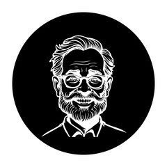 Monochrome portrait of a stylish mature man with glasses beard and mustache in black circle background the vintage design