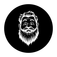 Monochrome vector art of a bearded man's portrait conveying wisdom and experience in a circular frame