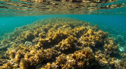 Fototapeta premium Vibrant underwater scene shows sunlit golden seaweed flourishing on ocean floor. AI Generated