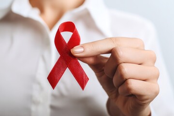 Woman holding a red ribbon