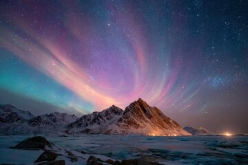 Obraz premium Breathtaking Aurora Borealis Display Over Majestic Mountain Landscape at Night with Stars and Colorful Skies in Norway's Arctic Region