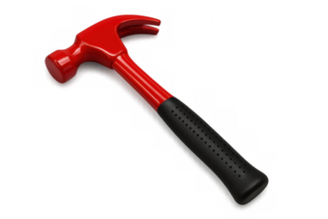 Diagonal red hammer with black handle resting on clear surface, emphasizing minimalist industrial tool aesthetic