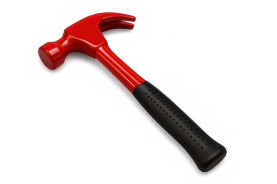 Diagonal red hammer with black handle resting on clear surface, emphasizing minimalist industrial tool aesthetic