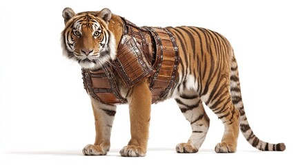 Obraz premium Majestic tiger in brown leather armor, isolated on a white background, powerful and protective