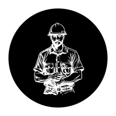 Illustration of a construction worker with safety helmet in monochrome is looking forward intently