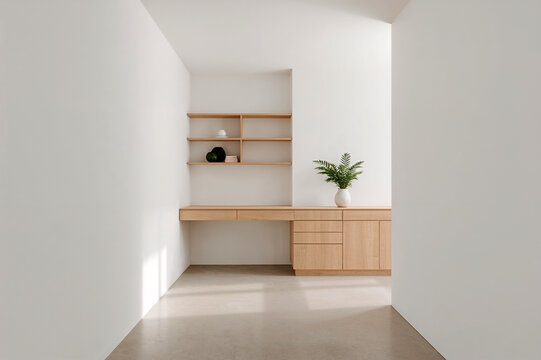 Bright Scandinavian minimalist under-stair office nook interior, elegant modern home design with inspiring natural light.