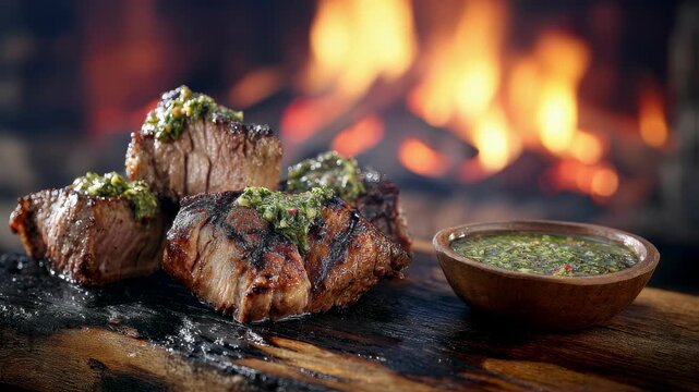 Mouthwatering grilled beef steak artfully arranged on a charred wooden surface with a side of chimichurri sauce. Soft flames from a nearby fireplace create an inviting ambiance.