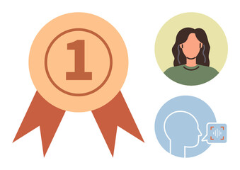 Number one ribbon, female portrait, and speech recognition symbol emphasize success, personal identity, and communication. Ideal for achievement, technology, education, leadership motivation