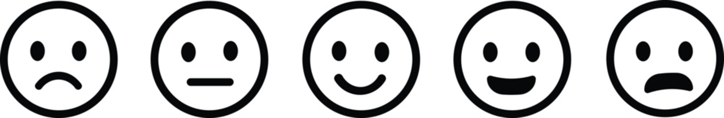 Feedback emoticons emojis. Smiley icons set in trendy flat style. Happy, neutral, sad, emoji, vectors. Customer satisfaction rating scale with good and bad emotions isolated on transparent background.