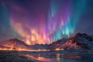 Naklejka premium Breathtaking display of the Northern Lights illuminating a serene landscape with mountains and a reflective water surface under a night sky filled with stars