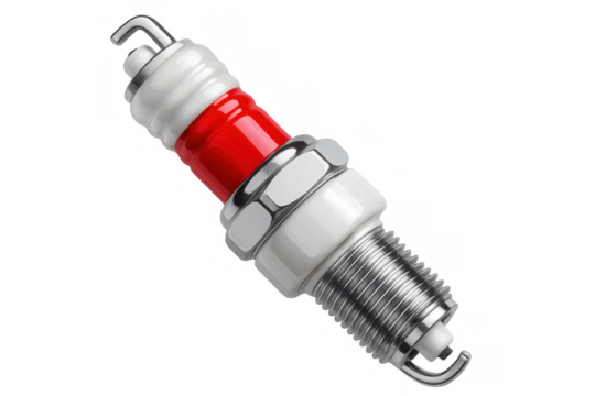 Red and white new spark plug isolated on transparent background, ideal for car repair and maintenance projects