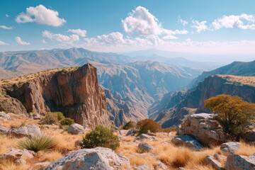 Fototapeta premium Breathtaking Mountain Landscape with Dramatic Cliffs and Vibrant Sky Captured in a Serene Natural Setting Ideal for Nature Lovers and Adventurers