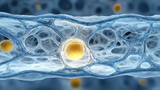 Macro perspective of osmotic flow with semitransparent water streams passing through membrane barriers targeting a pulsing solute core.