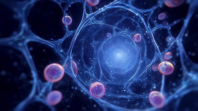 Scientific animation showcasing the selective filtration process of the glomerulus with luminous waste droplets migrating into the renal tubule system.