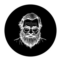 Monochrome portrait of a bearded man with glasses in a black circle a distinguished figure with wisdom