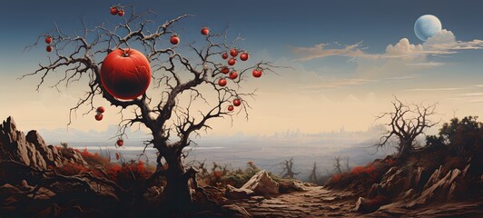 A haunted gothic Miracle fruit perched on a wind-swept hill art,ai generative