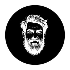 Monochromatic vector portrait revealing a distinguished mature gentleman with a neatly trimmed beard and mustache rendered elegantly on black background