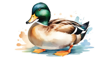 Obraz premium Vibrant mallard duck with striking green head and orange feet, poised elegantly on blue water.