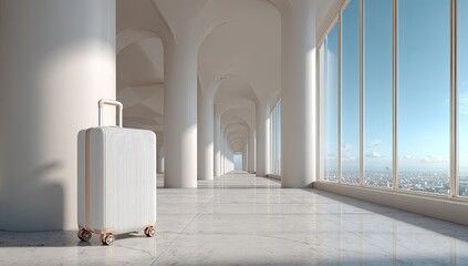 Obraz premium White suitcase in a modern, light-filled hallway