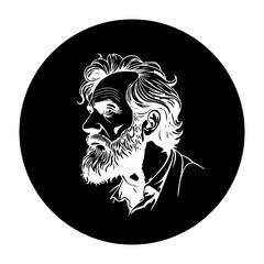 Portrait of distinguished elderly man with a beard in simple black and white artistic rendering expressive