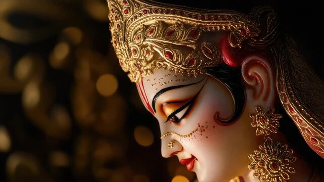 An intricately crafted statue of a Hindu goddess with detailed facial jewelry, signifying wealth and power.