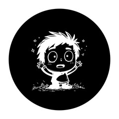 Cartoon illustration of a cute, startled boy with expressive eyes and hands, rendered in black and white