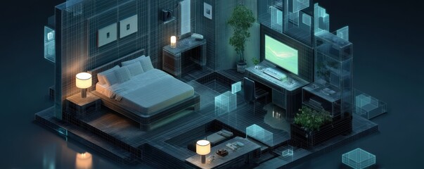 Isometric digital room with futuristic AI integrated design and wireframe aesthetics
