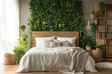 A bed with a white comforter and a plant wall