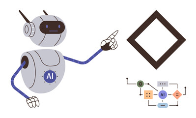 AI robot pointing at diamond shape with flowchart illustrating decision-making. Ideal for technology, AI, automation, machine learning, robotics, innovation, and education. Clean simple flat