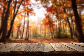 Autumn forest backdrop on weathered wood