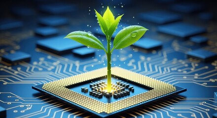 Vibrant illuminated sprout on computer processor emphasizing green energy and digital advancement.