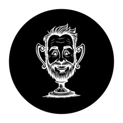 Whimsical drawing of an elderly man stylized as a trophy within a black circle backdrop design