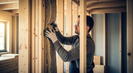 Man installing thermal insulation in timber structure interior.