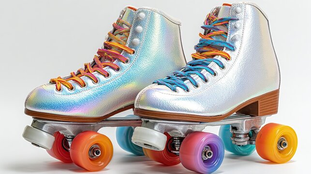 Shiny roller skates with colorful laces and wheels on a light neutral background