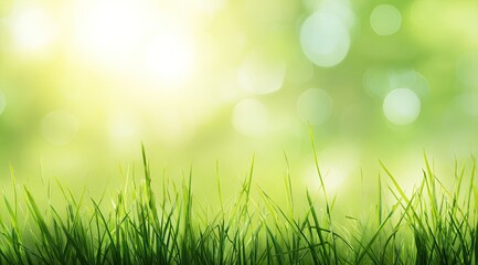 Fototapeta premium Lush green grass at the edge of a blurred springtime backdrop
