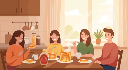 Family Enjoying Pancakes Breakfast Together at Home.