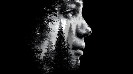 Profile portrait of a person with a forest superimposed on their face.