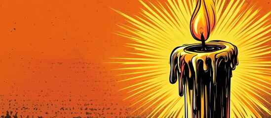 Melted candle with a bright flame, radiating light against an orange background.  The dark wax drips down the side, suggesting a powerful, perhaps somber, image.