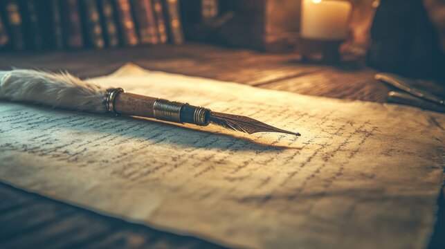 a close-up of a quill pen resting on an old parchment, on a wooden desk with warm historical lighting