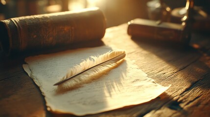 a close-up of a quill pen resting on an old parchment, on a wooden desk with warm historical lighting