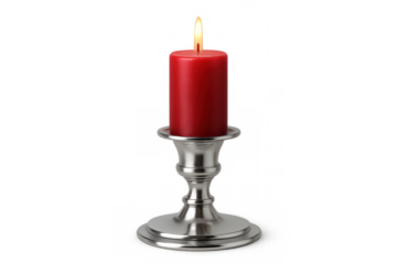 Burning red candle on silver candlestick, glowing against transparent backdrop, emanating elegant warmth for design compositions