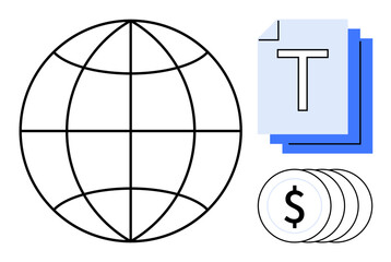 Globe icon, stacked documents with text, and coin symbols signifying global networking, data sharing, finance, international collaboration, information exchange, digital systems, simple landing page