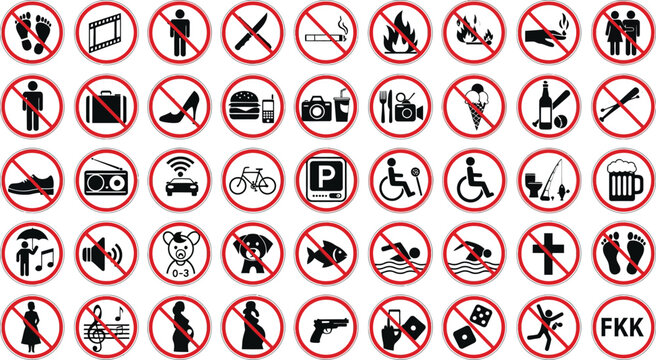 Collection of diverse prohibition warning signs for various activities and items