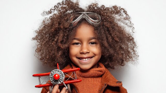 Smiling girl in goggles holds toy plane with curly hair, dreams of flying high