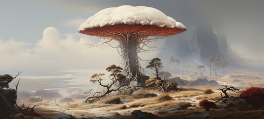 A haunted gothic mushroom perched on a wind-swept hill art, generative ai