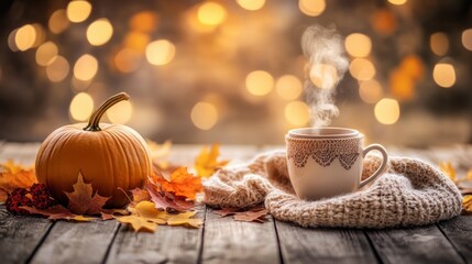 a cozy fall scene with golden leaves, a pumpkin, a scarf, and a steaming mug of tea arranged on a wooden background with warm light