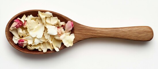 Dried rose petals and apple pieces in a wooden spoon.